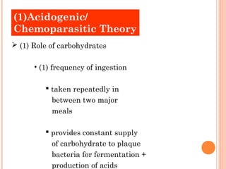 (O1l)dA cTihdeoogreineisc / 
Chemoparasitic Theory 
 (1) Role of carbohydrates 
• (1) frequency of ingestion 
 taken repeatedly in 
between two major 
meals 
 provides constant supply 
of carbohydrate to plaque 
bacteria for fermentation + 
production of acids 
 