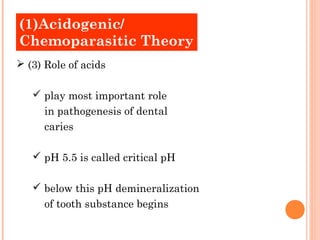 (1)Acidogenic/ 
Chemoparasitic Theory 
 (3) Role of acids 
 play most important role 
in pathogenesis of dental 
caries 
 pH 5.5 is called critical pH 
 below this pH demineralization 
of tooth substance begins 
 