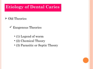Etiology of Dental Caries 
 Old Theories 
 Exogenous Theories 
• (1) Legend of worm 
• (2) Chemical Theory 
• (3) Parasitic or Septic Theory 
 