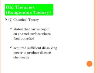 Old Theories
(Exogenous Theory)
 (2) Chemical Theory

    stated that caries began
     on enamel surface where
     food putrefied

    acquired sufficient dissolving
     power to produce disease
     chemically
 