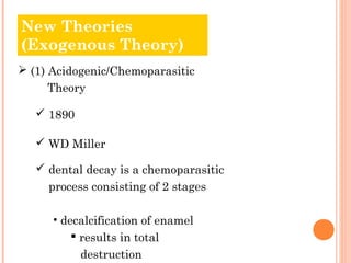 New Theories
Old Theories
(Exogenous Theory)
 (1) Acidogenic/Chemoparasitic
     Theory

    1890

    WD Miller

    dental decay is a chemoparasitic
     process consisting of 2 stages

      • decalcification of enamel
           results in total
            destruction
 