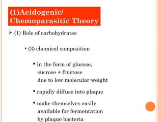 (1)Acidogenic/
Old Theories
Chemoparasitic Theory
 (1) Role of carbohydrates

      • (3) chemical composition

          in the form of glucose,
           sucrose + fructose
           due to low molecular weight

          rapidly diffuse into plaque

          make themselves easily
           available for fermentation
           by plaque bacteria
 