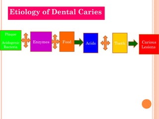 Etiology of Dental Caries


 Plaque

Acidogenic   Enzymes   Food   Acids   Tooth   Carious
 Bacteria                                     Lesions
 