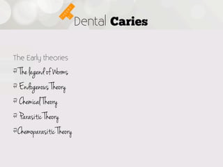 Dental Caries

The Early theories

!  The legend of Worms
!  Endogenous Theory
!  Chemical Theory
!  Parasitic Theory
!  Chemoparasitic Theory
 
