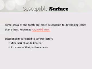 Susceptible Surface


Some   areas   of   the   tooth   are   more   suscep4ble   to   developing   caries  
than  others,  known  as     susceptible areas 

Suscep4bility  is  related  to  several  factors
    !   Mineral  &  Fluoride  Content
    !   Structure  of  that  par4cular  area
 