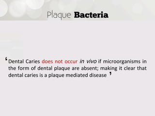 Plaque Bacteria




Dental  Caries  does  not  occur   in vivo   if  microorganisms  in  
the  form  of  dental  plaque  are  absent;  making  it  clear  that  
dental  caries  is  a  plaque  mediated  disease
 