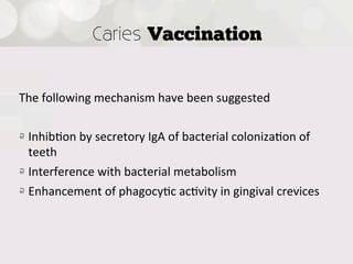 Caries Vaccination


The  following  mechanism  have  been  suggested

! Inhib4on  by  secretory  IgA  of  bacterial  coloniza4on  of  
    teeth
!   Interference  with  bacterial  metabolism
!   Enhancement  of  phagocy4c  ac4vity  in  gingival  crevices


 