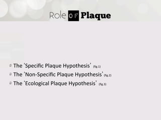 Role  of  Plaque




!   The   Speciﬁc  Plaque  Hypothesis (ﬁg.1)
!   The   Non-­‐Speciﬁc  Plaque  Hypothesis   (ﬁg.2)
!   The   Ecological  Plaque  Hypothesis (ﬁg.3)
 