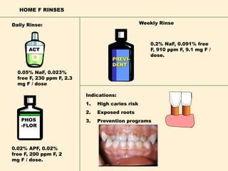 HOME F RINSES
ACT
0.05% NaF, 0.023%
free F, 230 ppm F, 2.3
mg F / dose
Daily Rinse:
PHOS
-FLOR
0.02% APF, 0.02%
free F, 200 ppm F, 2
mg F / dose.
Weekly Rinse
PREVI-
DENT
0.2% NaF, 0.091% free
F, 910 ppm F, 9.1 mg F /
dose.
Indications:
1. High caries risk
2. Exposed roots
3. Prevention programs
 