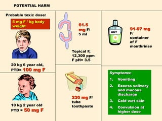 POTENTIAL HARM
5 mg F / kg body
weight
20 kg 6 year old,
PTD= 100 mg F
10 kg 2 year old
PTD = 50 mg F
230 mg F/
tube
toothpaste
ACT
91-97 mg
F/
container
of F
mouthrinse
Symptoms:
1. Vomiting
2. Excess salivary
and mucous
discharge
3. Cold wet skin
4. Convulsion at
higher dose
Probable toxic dose:
Topical F,
12,300 ppm
F pH= 3.5
61.5
mg F/
5 ml
 
