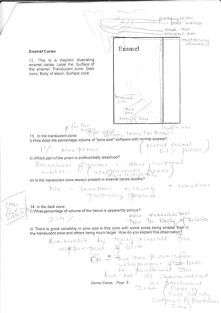 f"puohc zc';
, tra{r , io r'c;s rd,,
c{*rllr. ?t-rrr
";c,irc-}"t t }clu
rec-CFtf-y c-.Li'i,
ci--r-**+.n-^- 1
Enamel Caries
12. This is a diagram illustrating
enamel caries. Label the: Surface of
the enamel, Translucent zone, Dark
zone, Body of lesion, Surface zone
f,-., r  -j ---r-^'Ci,
4.)
i JJ:l-;
"-.-. .r3
!
J* 1); -'.r'^,-: Jr rr*! r
14. ln the dark zone:f'trq.'r,l^' " :. .1. r
#l{lu
'".T: '.-t-,'-l-i a.
-i-: . r
I "r"
l) What percentage of volume of lhe tissue is apparently porous?
p:t1 ,/',
--rr- '-fr*
#.HfrS*tu.ci*
ii) There is great variability in pore size in this zone with some pores being
"tLffJktdinthe translucent zone and others being much larger. How do you explain this observati?+
Kn *.'{r"Lr cil; ? h*i -it'i
' I 'J hr t l'-i--r' ci-L'6' ^!-
" ''''
,-,rr'#-?L,''1r rI E{ 1;"i.'tr
t 'Fn-, o -jr" , . -rr,n*,- -fi: -:'r.,r ;i"'. ' '/+-;,'*
wn -l:?:*::;:_,{...,
rf + ri..,r.,
, i*' J.. ,..'/./,, --^ -.,{ -7r.,-:.
hr^t i'oi ' ctr -'i+t*,i*a_..iL(. !i y'
Dental Caries, Page 5 {.{ (, lyG;' S'Lr**" <J ,rl.
[. (tc"_r- tr-tj
/)r,,at (.r{,-.ir;
;--; ,^i it l' ,.
"
r J..., ,
' ; r-r,,-"- )
--]
<-, ft"-*t""
 
