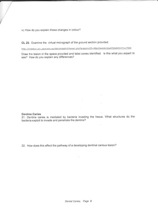 iv) How do you explain these changes in colour?
cL 20. Examine the virtual micrograph of the ground section provided.
http: i /slidebox. ucc. usvd, ed u . auldsb/s napshotViewer. oh o?snaoshotlD= 48a30eeb6b3da4f50 b4Bfc4f3 1 c7f899
Draw the lesion in the space provided and label zones identified. ls this what you expect to
see? How do you explain any differences?
Dentine Caries
21. Dentine caries is mediated by bacteria invading the tissue. What structures do the
bacteria exploit to invade and penetrate the dentine?
22. How does this affect the pathway of a developing dentinal carious lesion?
Dental Caries, Page I
 