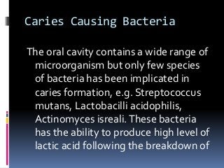 Caries Causing Bacteria
The oral cavity contains a wide range of
microorganism but only few species
of bacteria has been i...