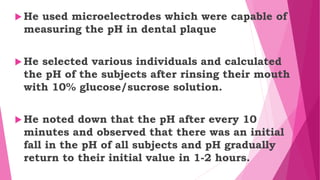  He used microelectrodes which were capable of
measuring the pH in dental plaque
 He selected various individuals and calculated
the pH of the subjects after rinsing their mouth
with 10% glucose/sucrose solution.
 He noted down that the pH after every 10
minutes and observed that there was an initial
fall in the pH of all subjects and pH gradually
return to their initial value in 1-2 hours.
 
