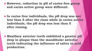  However, reduction in pH of caries free group
and caries active group were different.
 In caries free individuals, the pH drop was not
less than 5 after the rinse while in caries active
individuals, the pH drop was less than 5
after rinsing.
 Maxillary anterior teeth exhibited a greater pH
drop in plaque than the mandibular anterior
teeth indicating the influence of saliva in acid
production.
 