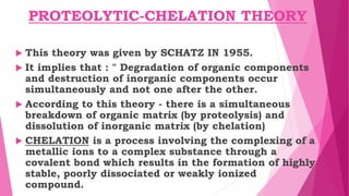 PROTEOLYTIC-CHELATION THEORY
 This theory was given by SCHATZ IN 1955.
 It implies that : " Degradation of organic components
and destruction of inorganic components occur
simultaneously and not one after the other.
 According to this theory - there is a simultaneous
breakdown of organic matrix (by proteolysis) and
dissolution of inorganic matrix (by chelation)
 CHELATION is a process involving the complexing of a
metallic ions to a complex substance through a
covalent bond which results in the formation of highly
stable, poorly dissociated or weakly ionized
compound.
 
