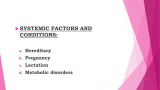  SYSTEMIC FACTORS AND
CONDITIONS:
a. Hereditary
b. Pregnancy
c. Lactation
d. Metabolic disorders
 