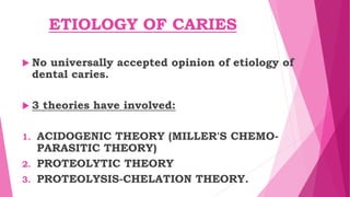 ETIOLOGY OF CARIES
 No universally accepted opinion of etiology of
dental caries.
 3 theories have involved:
1. ACIDOGENIC THEORY (MILLER'S CHEMO-
PARASITIC THEORY)
2. PROTEOLYTIC THEORY
3. PROTEOLYSIS-CHELATION THEORY.
 