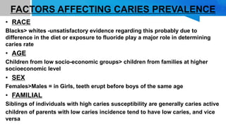 FACTORS AFFECTING CARIES PREVALENCE
• RACE
Blacks> whites -unsatisfactory evidence regarding this probably due to
difference in the diet or exposure to fluoride play a major role in determining
caries rate
• AGE
Children from low socio-economic groups> children from families at higher
socioeconomic level
• SEX
Females>Males = in Girls, teeth erupt before boys of the same age
• FAMILIAL
Siblings of individuals with high caries susceptibility are generally caries active
children of parents with low caries incidence tend to have low caries, and vice
versa
 