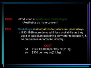 1980s Introduction of All-Ceramic Technologies
(Aesthetics as main concern)
1999 Gold Alloys as Alternatives to Palladium-Based Alloys
(1993-1999 more demand & less availability as they
used in palladium containing converter to reduce n2 &
co emission in automobile industry)
COST
pd $125$1000 per troy oz(31.1g)
au $300 per troy oz(31.1g)
 