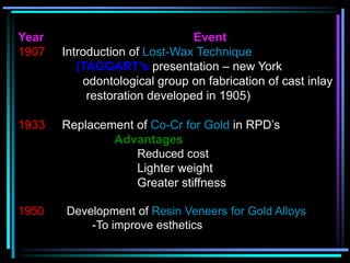 Year Event
1907 Introduction of Lost-Wax Technique
(TAGGART’s presentation – new York
odontological group on fabrication of cast inlay
restoration developed in 1905)
1933 Replacement of Co-Cr for Gold in RPD’s
Advantages
Reduced cost
Lighter weight
Greater stiffness
1950 Development of Resin Veneers for Gold Alloys
-To improve esthetics
 