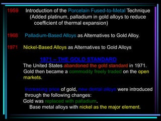 1959 Introduction of the Porcelain Fused-to-Metal Technique
(Added platinum, palladium in gold alloys to reduce
coefficient of thermal expansion)
1968 Palladium-Based Alloys as Alternatives to Gold Alloy.
1971 Nickel-Based Alloys as Alternatives to Gold Alloys
1971 – THE GOLD STANDARD
The United States abandoned the gold standard in 1971.
Gold then became a commodity freely traded on the open
markets.
Increasing price of gold, new dental alloys were introduced
through the following changes:
Gold was replaced with palladium.
Base metal alloys with nickel as the major element.
 
