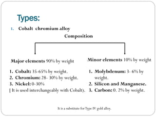 Types:
1.

Cobalt chromium alloy
Composition

Major elements 90% by weight

Minor elements 10% by weight

1. Molybdenum: 3- 6% by
1. Cobalt: 35-65% by weight.
weight.
2. Chromium: 28- 30% by weight.
2. Silicon and Manganese.
3. Nickel: 0-30%
[ It is used interchangeably with Cobalt). 3. Carbon: 0. 2% by weight.

It is a substitute for Type IV gold alloy.

 