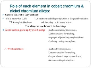 Role of each element in cobalt chromium &
nickel chromium alloys:
 Carbon content is very critical:
 If it is more than 0.2%

.·.Continuous carbide precipitation at the grain boundaries

 Strength & Hardness
 Ductility i.e. Extreme brittle
The alloy can not be used in dentistry.
 Avoid carbon pick up by avoid using: -Carbon containing investment.
-Carbon crucible for melting.
-Improper adjusted oxyacetylene flame.
-Ordinary casting atmosphere.
.·. We should use:

-Carbon free investment.
-Ceramic crucible for melting.
-Proper adjusted oxyacetylene flame.
-Vacuum casting atmosphere.

 