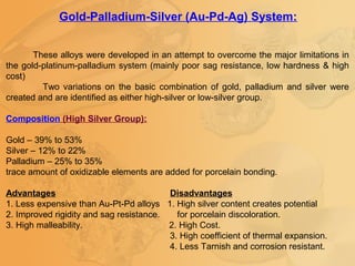 Gold-Palladium-Silver (Au-Pd-Ag) System:
These alloys were developed in an attempt to overcome the major limitations in
the gold-platinum-palladium system (mainly poor sag resistance, low hardness & high
cost)
Two variations on the basic combination of gold, palladium and silver were
created and are identified as either high-silver or low-silver group.
Composition (High Silver Group):
Gold – 39% to 53%
Silver – 12% to 22%
Palladium – 25% to 35%
trace amount of oxidizable elements are added for porcelain bonding.
Advantages Disadvantages
1. Less expensive than Au-Pt-Pd alloys 1. High silver content creates potential
2. Improved rigidity and sag resistance. for porcelain discoloration.
3. High malleability. 2. High Cost.
3. High coefficient of thermal expansion.
4. Less Tarnish and corrosion resistant.
 