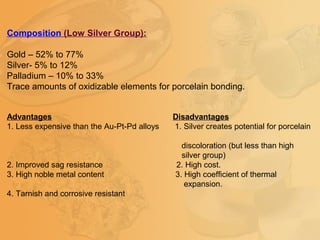 Composition (Low Silver Group):
Gold – 52% to 77%
Silver- 5% to 12%
Palladium – 10% to 33%
Trace amounts of oxidizable elements for porcelain bonding.
Advantages Disadvantages
1. Less expensive than the Au-Pt-Pd alloys 1. Silver creates potential for porcelain
discoloration (but less than high
silver group)
2. Improved sag resistance 2. High cost.
3. High noble metal content 3. High coefficient of thermal
expansion.
4. Tarnish and corrosive resistant
 