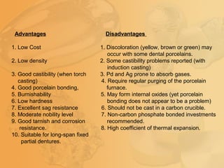 Advantages Disadvantages
1. Low Cost 1. Discoloration (yellow, brown or green) may
occur with some dental porcelains.
2. Low density 2. Some castibility problems reported (with
induction casting)
3. Good castibility (when torch 3. Pd and Ag prone to absorb gases.
casting) 4. Require regular purging of the porcelain
4. Good porcelain bonding, furnace.
5. Burnishability 5. May form internal oxides (yet porcelain
6. Low hardness bonding does not appear to be a problem)
7. Excellent sag resistance 6. Should not be cast in a carbon crucible.
8. Moderate nobility level 7. Non-carbon phosphate bonded investments
9. Good tarnish and corrosion recommended.
resistance. 8. High coefficient of thermal expansion.
10. Suitable for long-span fixed
partial dentures.
 