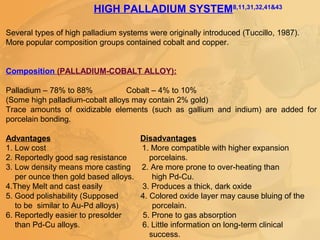 HIGH PALLADIUM SYSTEM8,11,31,32,41&43
Several types of high palladium systems were originally introduced (Tuccillo, 1987).
More popular composition groups contained cobalt and copper.
Composition (PALLADIUM-COBALT ALLOY):
Palladium – 78% to 88% Cobalt – 4% to 10%
(Some high palladium-cobalt alloys may contain 2% gold)
Trace amounts of oxidizable elements (such as gallium and indium) are added for
porcelain bonding.
Advantages Disadvantages
1. Low cost 1. More compatible with higher expansion
2. Reportedly good sag resistance porcelains.
3. Low density means more casting 2. Are more prone to over-heating than
per ounce then gold based alloys. high Pd-Cu.
4.They Melt and cast easily 3. Produces a thick, dark oxide
5. Good polishability (Supposed 4. Colored oxide layer may cause bluing of the
to be similar to Au-Pd alloys) porcelain.
6. Reportedly easier to presolder 5. Prone to gas absorption
than Pd-Cu alloys. 6. Little information on long-term clinical
success.
 