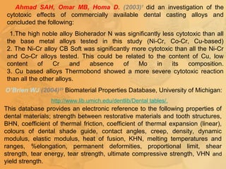 Ahmad SAH, Omar MB, Homa D. (2003)1
did an investigation of the
cytotoxic effects of commercially available dental casting alloys and
concluded the following:
1.The high noble alloy Bioherador N was significantly less cytotoxic than all
the base metal alloys tested in this study (Ni-Cr, Co-Cr, Cu-based)
2. The Ni-Cr alloy CB Soft was significantly more cytotoxic than all the Ni-Cr
and Co-Cr alloys tested. This could be related to the content of Cu, low
content of Cr and absence of Mo in its composition.
3. Cu based alloys Thermobond showed a more severe cytotoxic reaction
than all the other alloys.
O’Brien WJ (2004)29
Biomaterial Properties Database, University of Michigan:
http://www.lib.umich.edu/dentlib/Dental tables/.
This database provides an electronic reference to the following properties of
dental materials; strength between restorative materials and tooth structures,
BHN, coefficient of thermal friction, coefficient of thermal expansion (linear),
colours of dental shade guide, contact angles, creep, density, dynamic
modulus, elastic modulus, heat of fusion, KHN, melting temperatures and
ranges, %elongation, permanent deformities, proportional limit, shear
strength, tear energy, tear strength, ultimate compressive strength, VHN and
yield strength.
 
