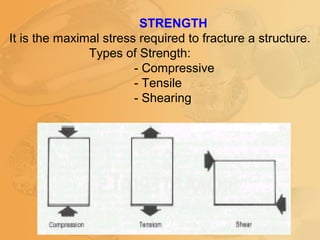 STRENGTH
It is the maximal stress required to fracture a structure.
Types of Strength:
- Compressive
- Tensile
- Shearing
 