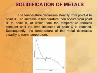 SOLIDIFICATION OF METALS
The temperature decreases steadily from point A to
point B' . An increase in temperature then occurs from point
B' to point B, at which time the temperature remains
constant until the time indicated at point C is reached.
Subsequently, the temperature of the metal decreases
steadily to room temperature.
 