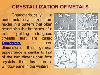 Characteristically, a
pure metal crystallizes from
nuclei in a pattern that often
resembles the branches of a
tree, yielding elongated
crystals that are called
Dendrites.Dendrites. In three
dimensions, their general
appearance is similar to that
of the two dimensional frost
crystals that form on a
window pane in the winters.
CRYSTALLIZATION OF METALS
 