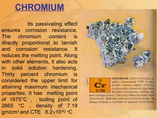 CHROMIUM
Its passivating effect
ensures corrosion resistance.
The chromium content is
directly proportional to tarnish
and corrosion resistance. It
reduces the melting point. Along
with other elements, it also acts
in solid solution hardening.
Thirty percent chromium is
considered the upper limit for
attaining maximum mechanical
properties. It has melting point
of 1875°C , boiling point of
2665 °C , density of 7.19
gm/cm3
and CTE 6.2×10-6
/ o
C
 