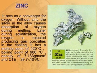 It acts as a scavenger for
oxygen. Without zinc the
silver in the alloy causes
absorption of oxygen
during melting. Later
during solidification, the
oxygen is rejected
producing gas porosities
in the casting. It has a
melting point of 420°C ,
boiling point of 906 °C ,
density of 7.133gm/cm3
and CTE 39.7×10-6
/o
C
ZINC
 