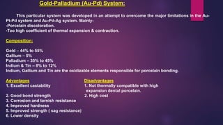 Gold-Palladium (Au-Pd) System:
This particular system was developed in an attempt to overcome the major limitations in the Au-
Pt-Pd system and Au-Pd-Ag system. Mainly-
-Porcelain discoloration.
-Too high coefficient of thermal expansion & contraction.
Composition:
Gold – 44% to 55%
Gallium – 5%
Palladium – 35% to 45%
Indium & Tin – 8% to 12%
Indium, Gallium and Tin are the oxidizable elements responsible for porcelain bonding.
Advantages Disadvantages
1. Excellent castability 1. Not thermally compatible with high
expansion dental porcelain.
2. Good bond strength 2. High cost
3. Corrosion and tarnish resistance
4. Improved hardness
5. Improved strength ( sag resistance)
6. Lower density
 