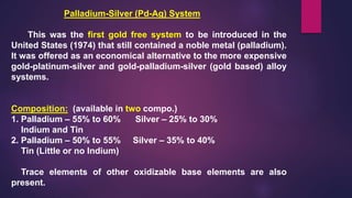 Palladium-Silver (Pd-Ag) System
This was the first gold free system to be introduced in the
United States (1974) that still contained a noble metal (palladium).
It was offered as an economical alternative to the more expensive
gold-platinum-silver and gold-palladium-silver (gold based) alloy
systems.
Composition: (available in two compo.)
1. Palladium – 55% to 60% Silver – 25% to 30%
Indium and Tin
2. Palladium – 50% to 55% Silver – 35% to 40%
Tin (Little or no Indium)
Trace elements of other oxidizable base elements are also
present.
 