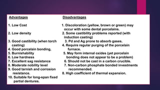 Advantages Disadvantages
1. Low Cost 1. Discoloration (yellow, brown or green) may
occur with some dental porcelains.
2. Low density 2. Some castibility problems reported (with
induction casting)
3. Good castibility (when torch 3. Pd and Ag prone to absorb gases.
casting) 4. Require regular purging of the porcelain
4. Good porcelain bonding, furnace.
5. Burnishability 5. May form internal oxides (yet porcelain
6. Low hardness bonding does not appear to be a problem)
7. Excellent sag resistance 6. Should not be cast in a carbon crucible.
8. Moderate nobility level 7. Non-carbon phosphate bonded investments
9. Good tarnish and corrosion recommended.
resistance. 8. High coefficient of thermal expansion.
10. Suitable for long-span fixed
partial dentures.
 