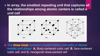  In array, the smallest repeating unit that captures all
the relationships among atomic centers is called a
unit cell.
 The three most common crystal lattice unit cells in dental
metals and alloys. A, Body-centered cubic cell; B, face-centered
cubic cell; and C, hexagonal close-packed cell.
 
