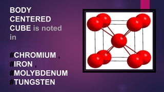 BODY
CENTERED
CUBE is noted
in
#CHROMIUM ,
#IRON ,
#MOLYBDENUM
#TUNGSTEN
 