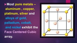 Most pure metals –
aluminum , copper,
platinum, silver and
alloys of gold,
palladium, cobalt,
and nickel exhibit the
Face Centered Cubic
array.
 