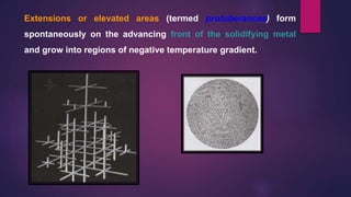 Extensions or elevated areas (termed protuberances) form
spontaneously on the advancing front of the solidifying metal
and grow into regions of negative temperature gradient.
 