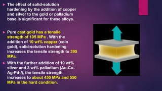  The effect of solid-solution
hardening by the addition of copper
and silver to the gold or palladium
base is significant for these alloys.
 Pure cast gold has a tensile
strength of 105 MPa . With the
addition of 10 wt% copper (coin
gold), solid-solution hardening
increases the tensile strength to 395
MPa.
 With the further addition of 10 wt%
silver and 3 wt% palladium (Au-Cu-
Ag-Pd-I), the tensile strength
increases to about 450 MPa and 550
MPa in the hard condition.
 