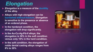  Elongation is a measure of the ductility
of the alloy.
 Alloys with high elongation can be
burnished without fracture. Elongation
is sensitive to the presence or absence
of an ordered phase.
 In the hardened condition, the
elongation will drop significantly.
 In the Au-Cu-Ag-Pd-II alloys, the
elongation is 30% in the soft condition
versus only 10% in the hard condition.
 In the soft condition, the elongation of
noble dental casting alloys ranges from
8% to 30%
 