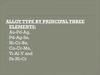 ALLOY TYPE BY PRINCIPAL THREE
ELEMENTS:
Au-Pd-Ag,
Pd-Ag-Sn,
Ni-Cr-Be,
Co-Cr-Mo,
Ti-Al-V and
Fe-Ni-Cr
 