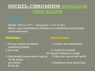 NICKEL-CHROMIUM BERYLLIUM
FREE ALLOYS
Composition:
 Nickel – 62% to 77% Chromium – 11% to 22%
 Boron , iron, molybdenum, Niobium or columbium and tantalum
(trace elements).
Advantages Disadvantages
1. Do not contain beryllium 1. Cannot use with Nickel
sensitive patients.
2. Low cost 2. Cannot be etched.
(Cr doesn’t dissolve in acid)
3. Low density means more casting 3. May not cast as well as Ni-
Cr-Be alloys
per ounce 4. Produces more oxide than
Ni-Cr-Be
 