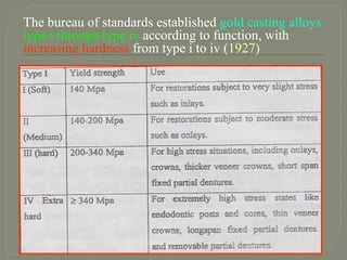 The bureau of standards established gold casting alloys
type i through type iv according to function, with
increasing hardness from type i to iv (1927)
 